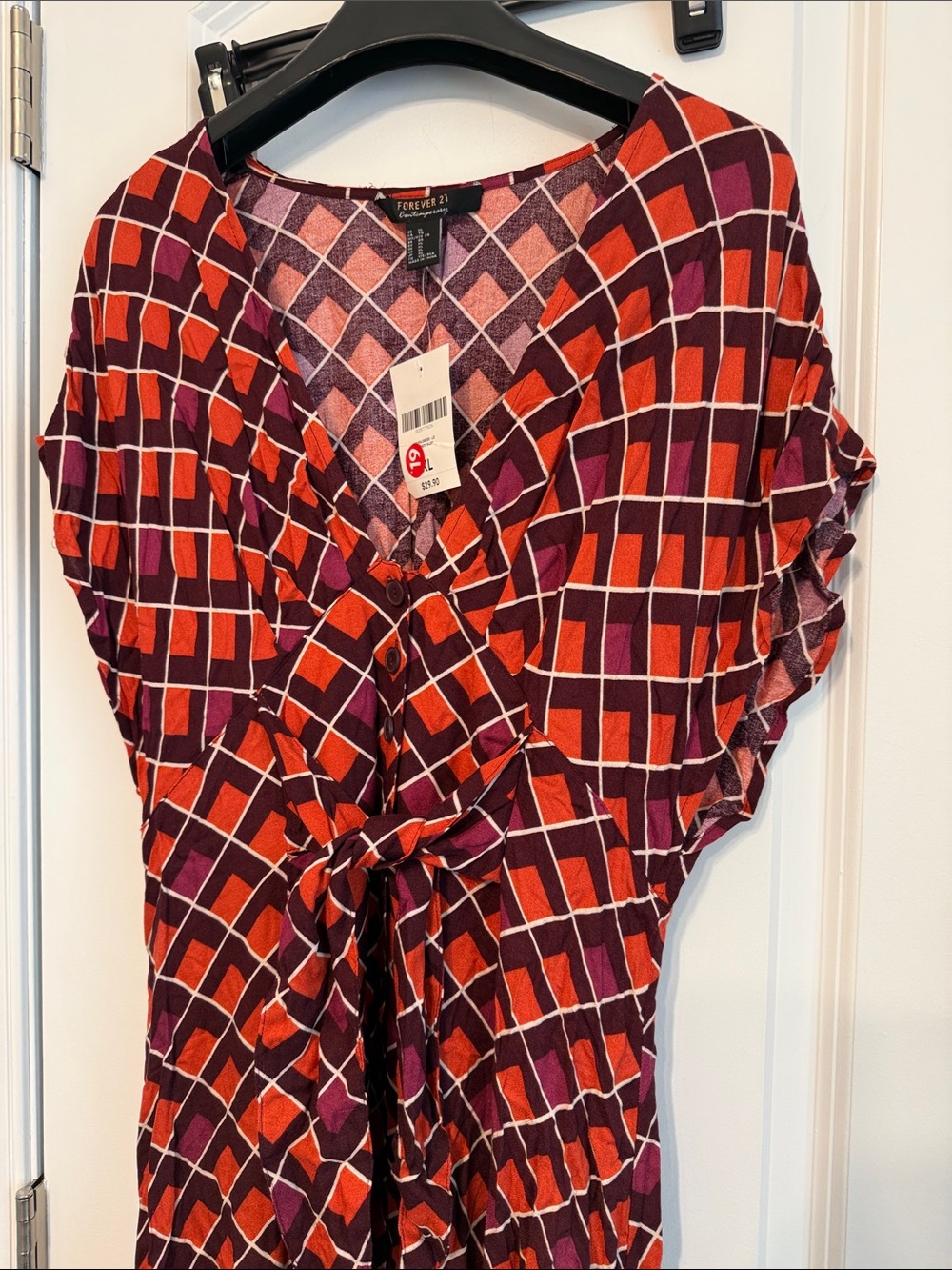 Forever 21 Orange and Purple Geometric Tie-Front Blouse